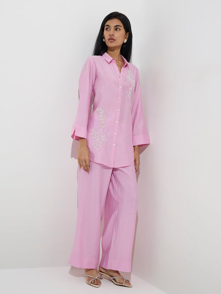 Vark Light Pink Floral Embellished Tunic with Pants Set