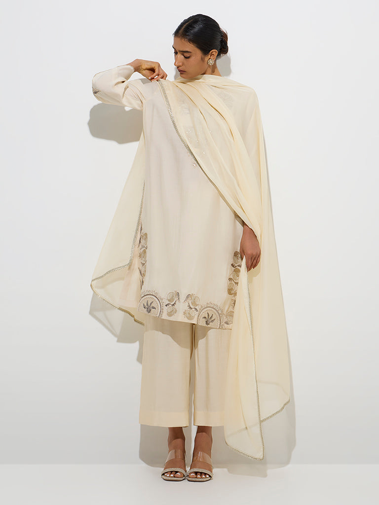 Vark Beige Floral Straight Kurta, Palazzos and Dupatta Set