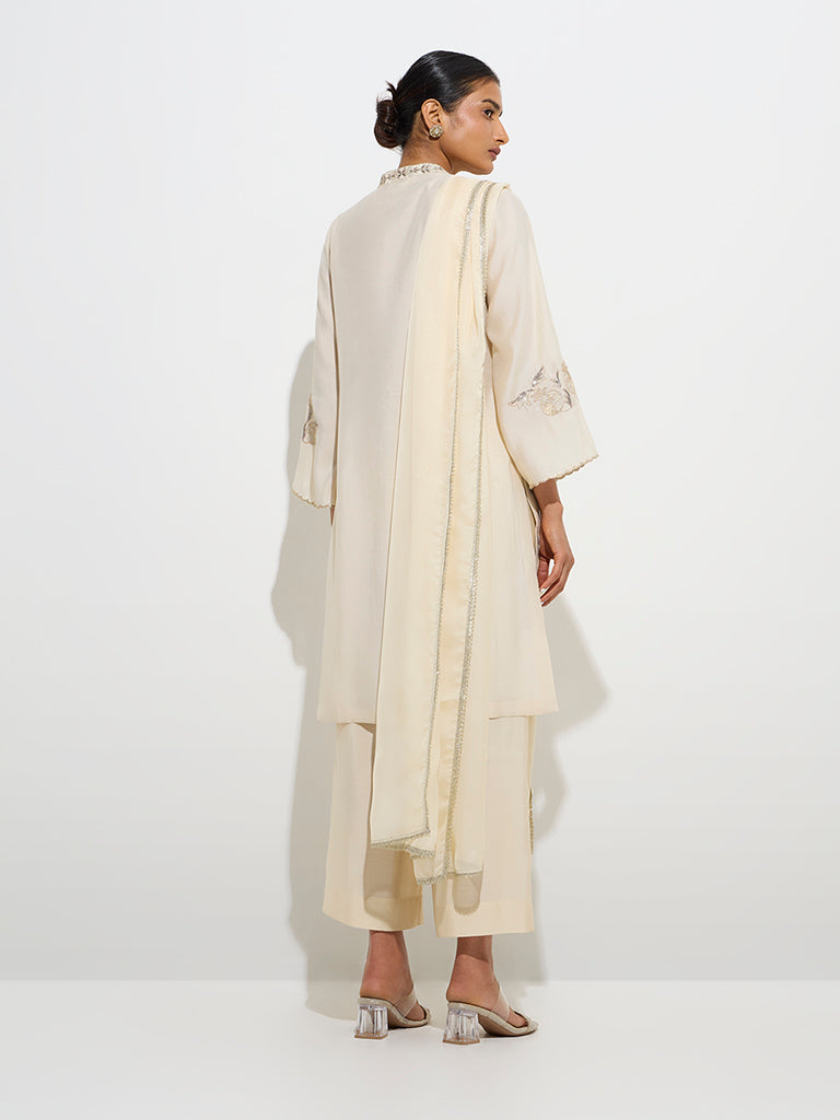 Vark Beige Floral Straight Kurta, Palazzos and Dupatta Set
