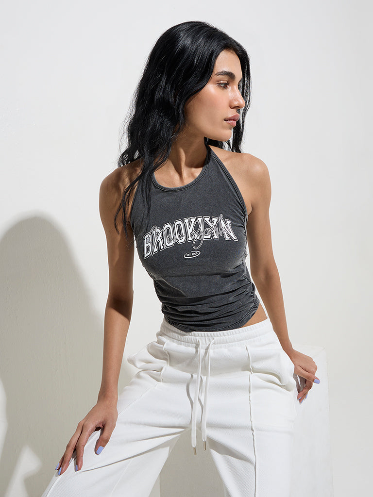 Westside Studiofit Women's Charcoal Text-Printed Cotton-Blend Tank Top for Sports Wear Front View