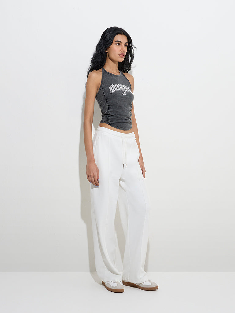 Westside Studiofit Women's Charcoal Text-Printed Cotton-Blend Tank Top for Sports Wear Front View