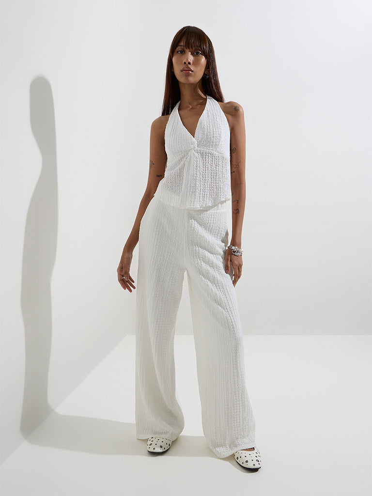 Westside Nuon Women's White Crinkle-Textured Halter-Neck Top for Casual Wear Full Model View