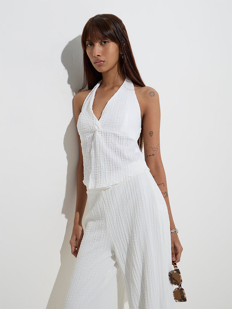 Westside Nuon Women's White Crinkle-Textured Halter-Neck Top for Casual Wear Front View