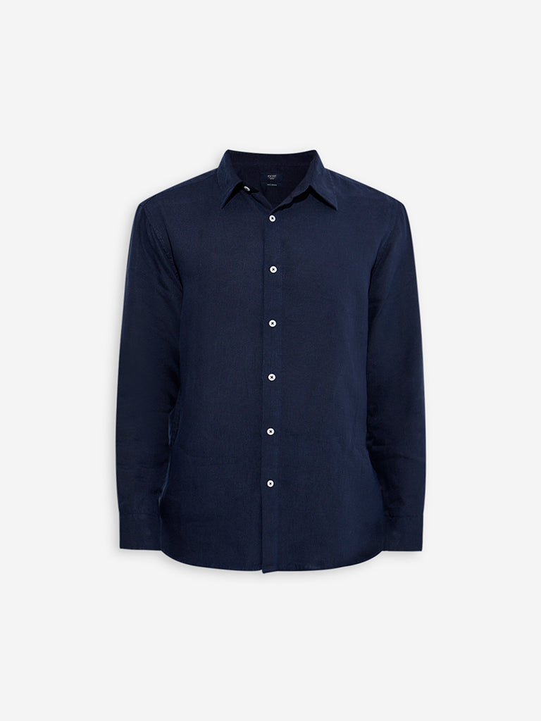 Ascot Navy Solid Relaxed-Fit Linen Shirt