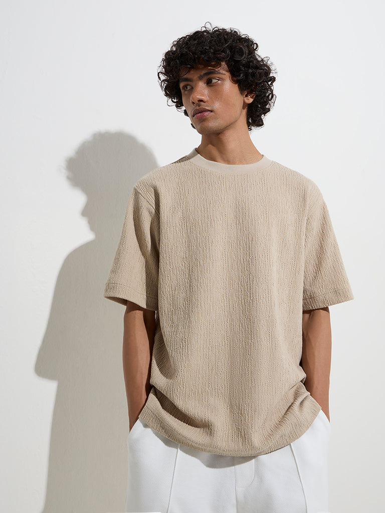 Studiofit Beige Textured Relaxed-Fit Cotton-Blend T-Shirt