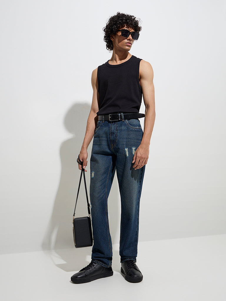 Nuon Dark Blue Distressed Relaxed - Fit Mid - Rise Jeans