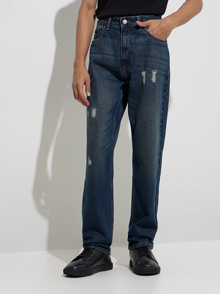 Nuon Dark Blue Distressed Relaxed - Fit Mid - Rise Jeans