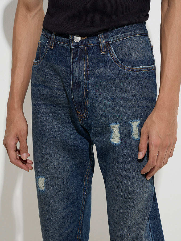 Nuon Dark Blue Distressed Relaxed - Fit Mid - Rise Jeans