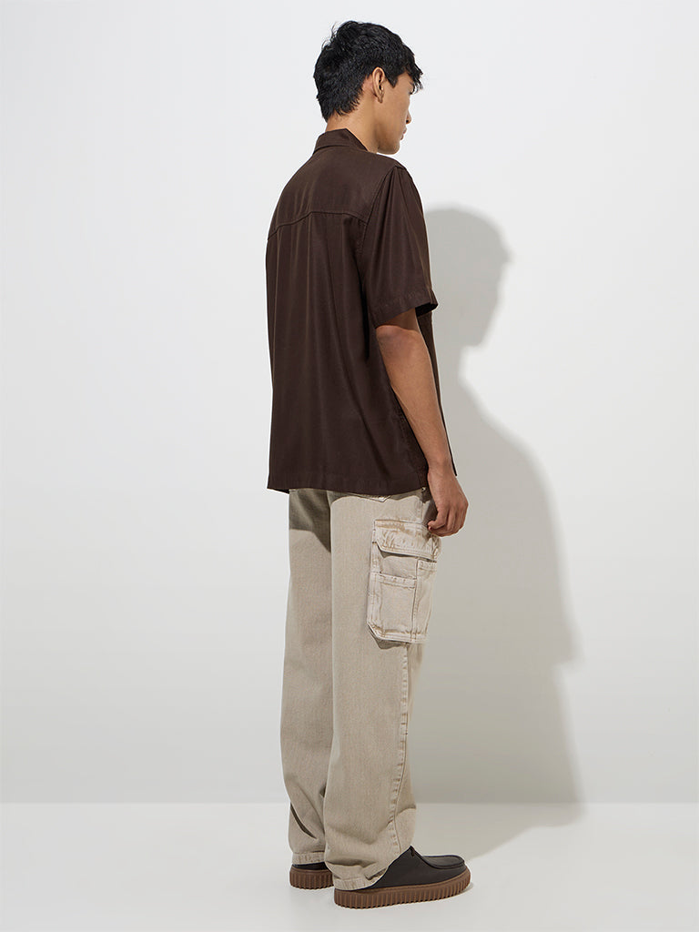 westisde Nuon Men's Dark Brown Solid Slim-Fit Cotton Shirt for Casual Wear Back View