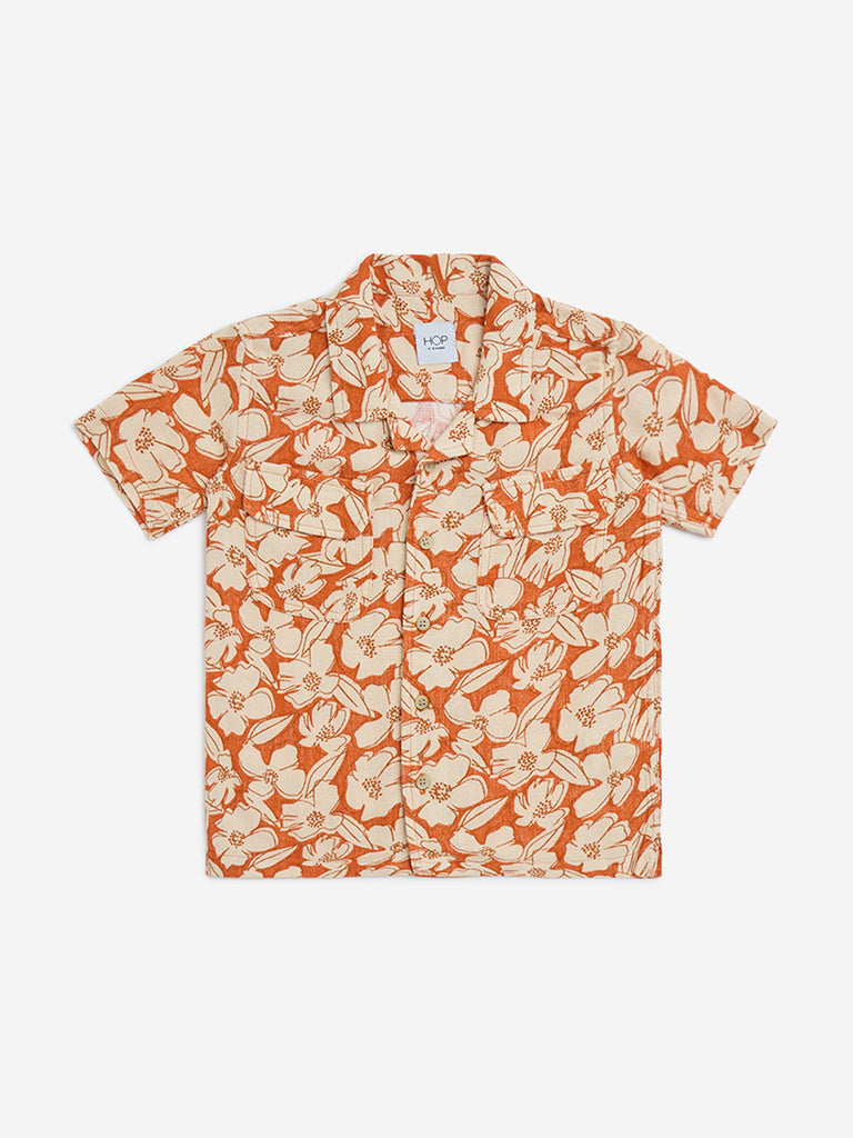 HOP Kids Orange Floral Printed Cotton Shirt