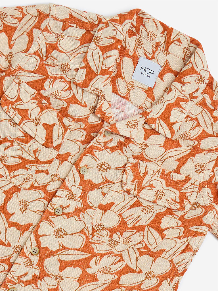 HOP Kids Orange Floral Printed Cotton Shirt