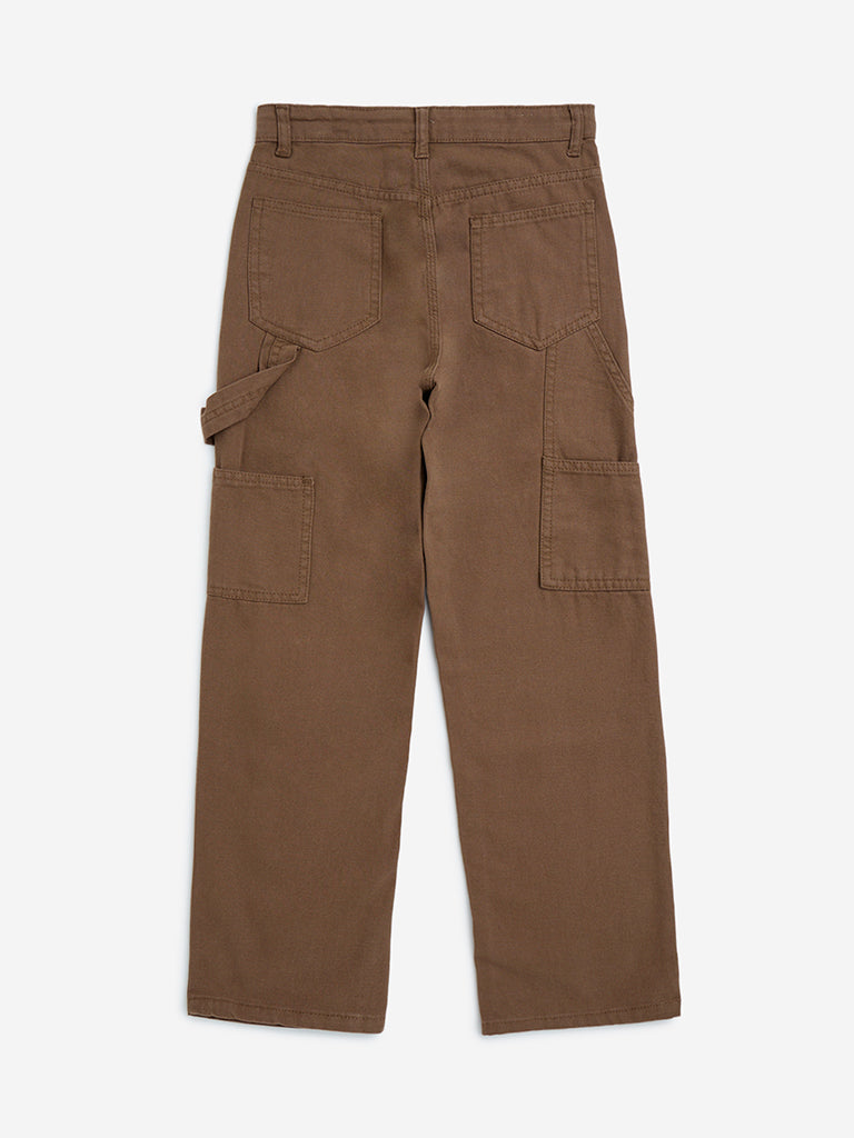 Y&F Kids Brown Solid Mid-Rise Cotton Pants