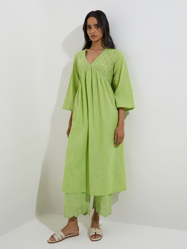 Utsa Green Mirror-Detail A-Line Cotton Kurta