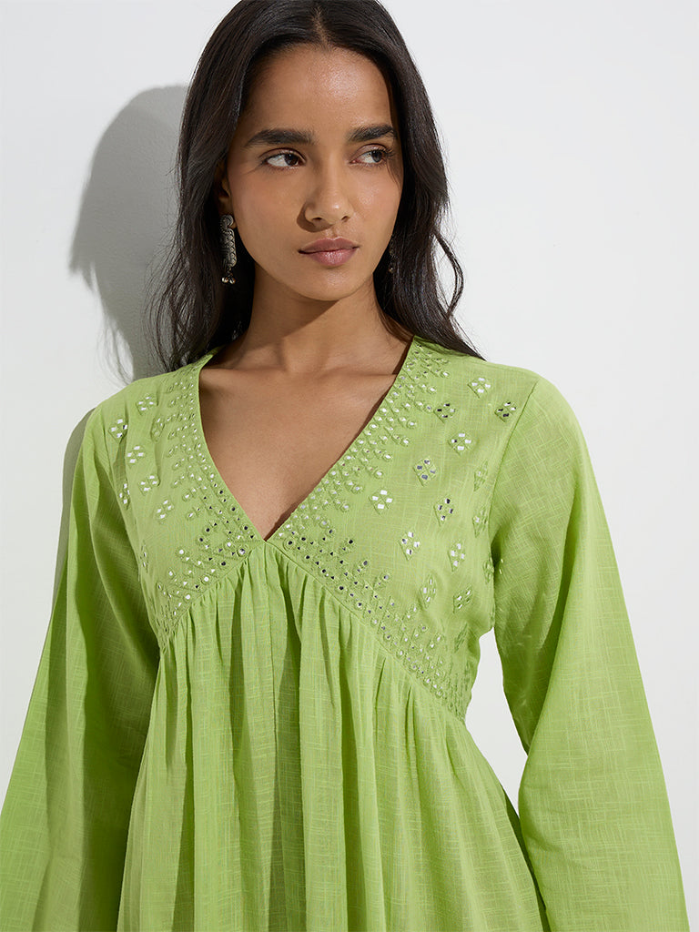 Utsa Green Mirror-Detail A-Line Cotton Kurta