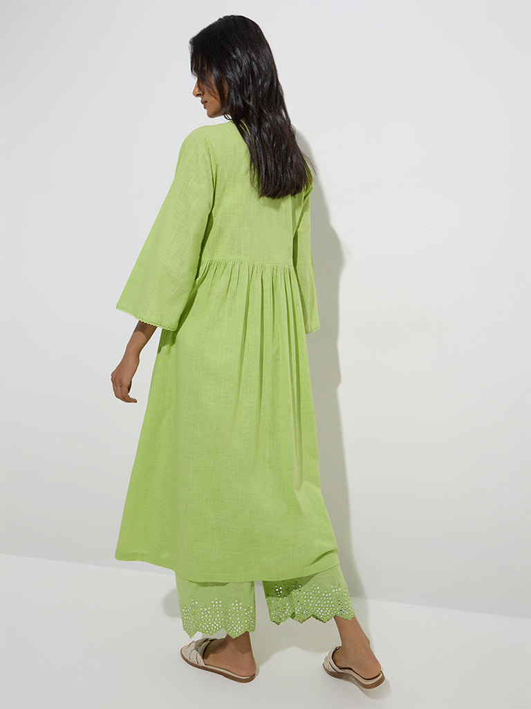 Utsa Green Mirror-Detail A-Line Cotton Kurta