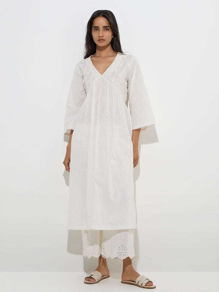 Utsa Off-White Mirror Embroidered Cotton Ethnic Pants