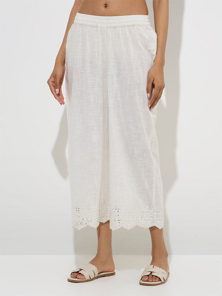 Utsa Off-White Mirror Embroidered Cotton Ethnic Pants