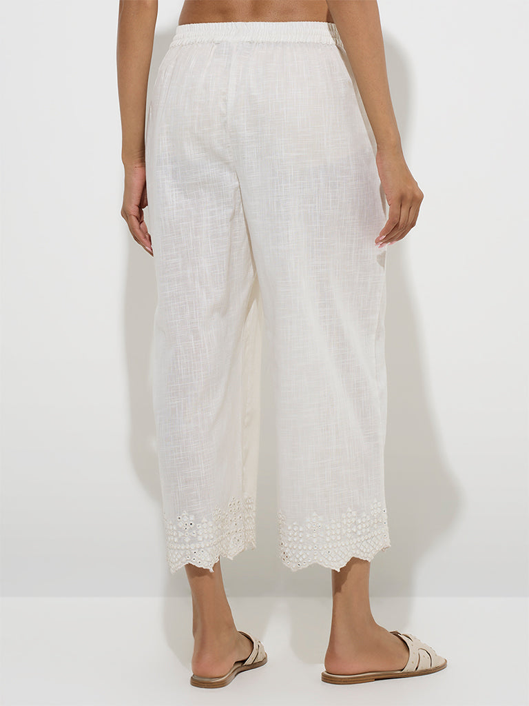 Utsa Off-White Mirror Embroidered Cotton Ethnic Pants