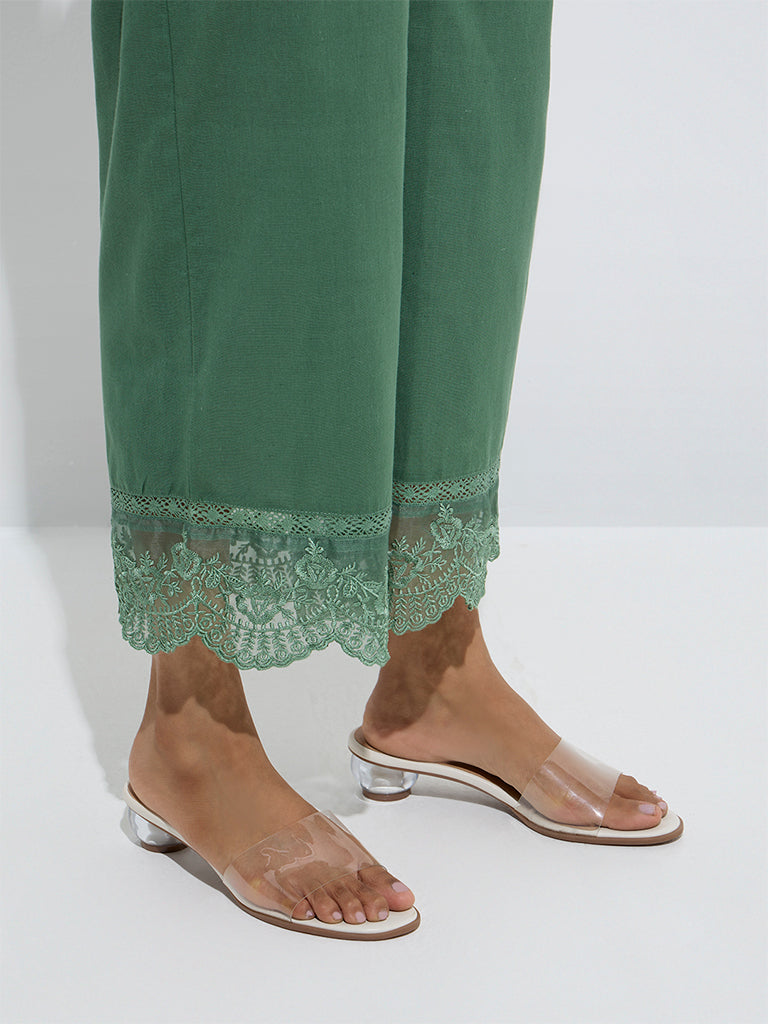 Utsa Green Floral Lace Detailed Cotton-Blend Ethnic Pants