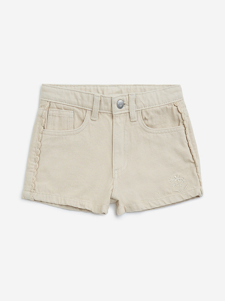 HOP Kids Beige High-Rise Denim Shorts