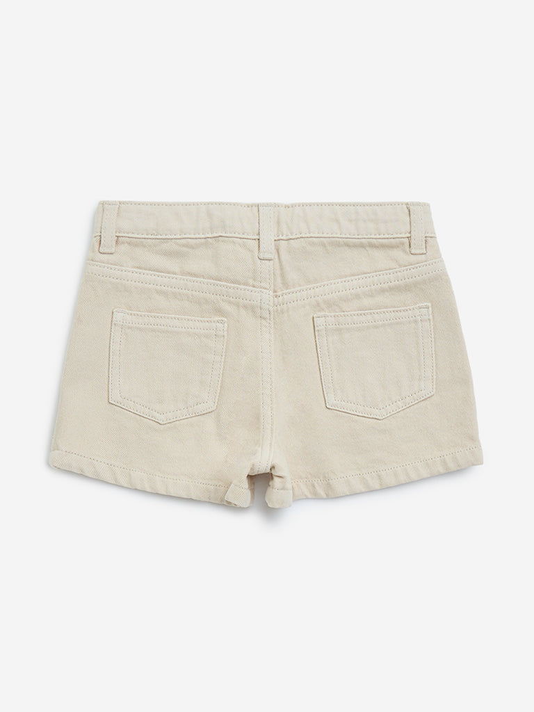HOP Kids Beige High-Rise Denim Shorts