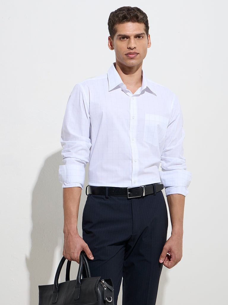 WES Formals White Checkered Slim-Fit Cotton Shirt