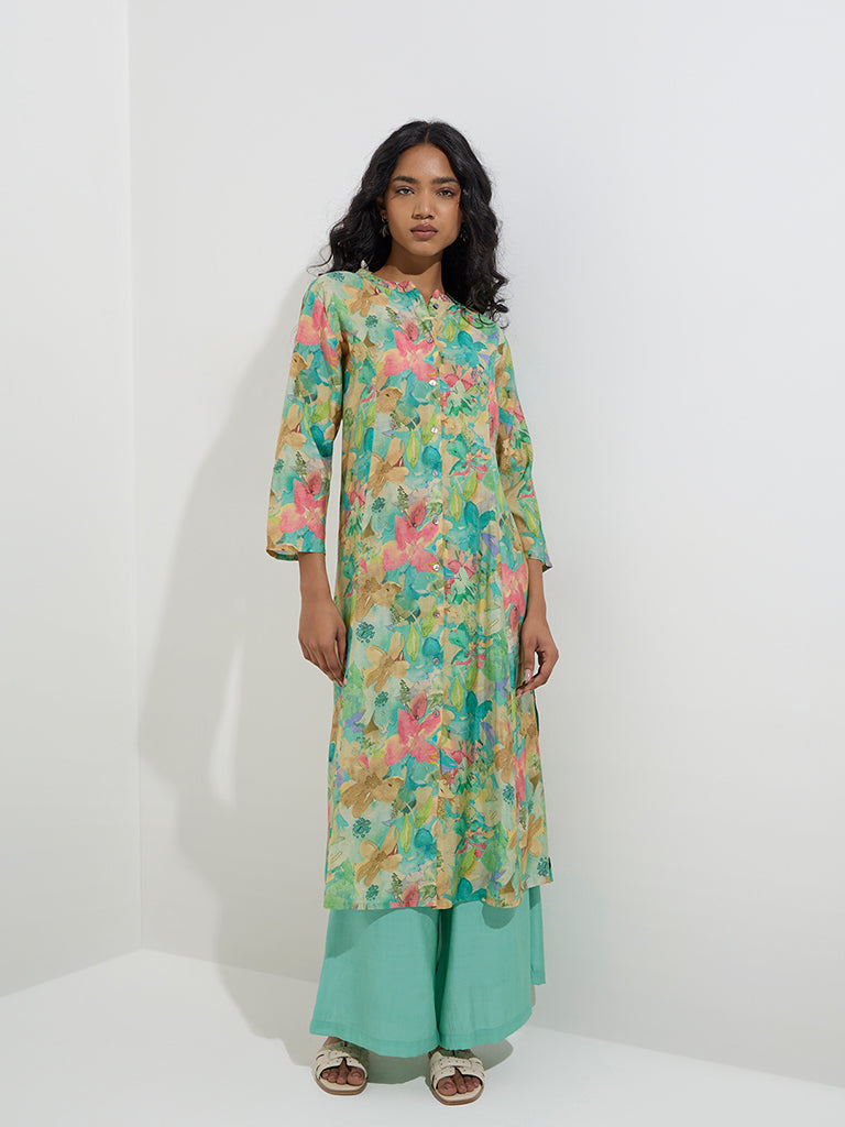 Utsa Aqua Floral Printed A-Line Kurta