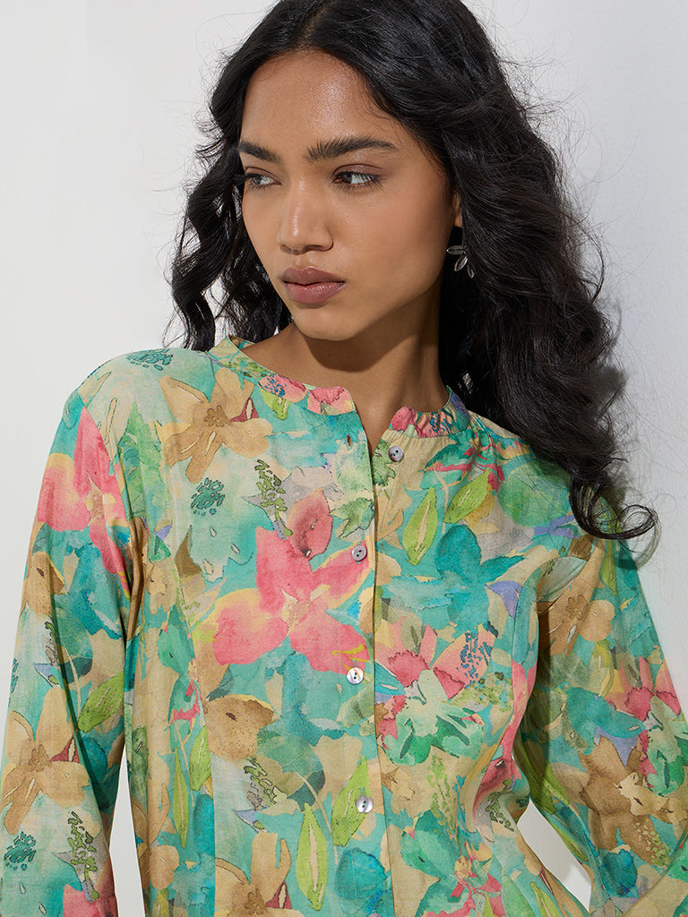 Utsa Aqua Floral Printed A-Line Kurta