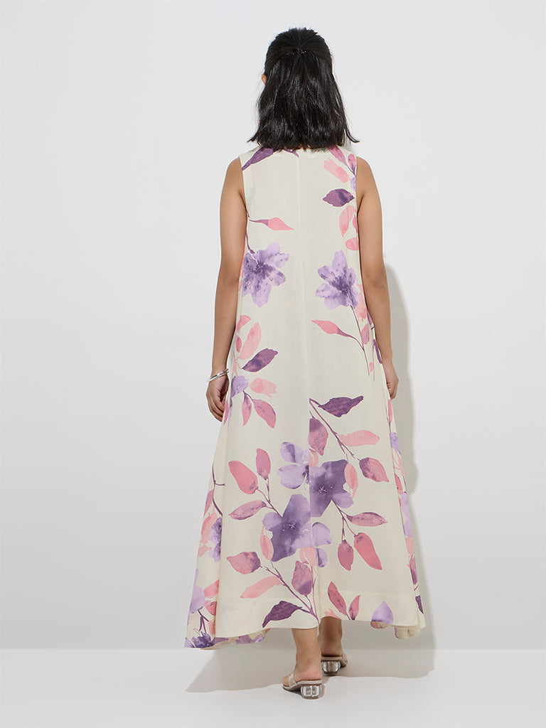 Utsa Purple Foliage Patterned A-Line Dress