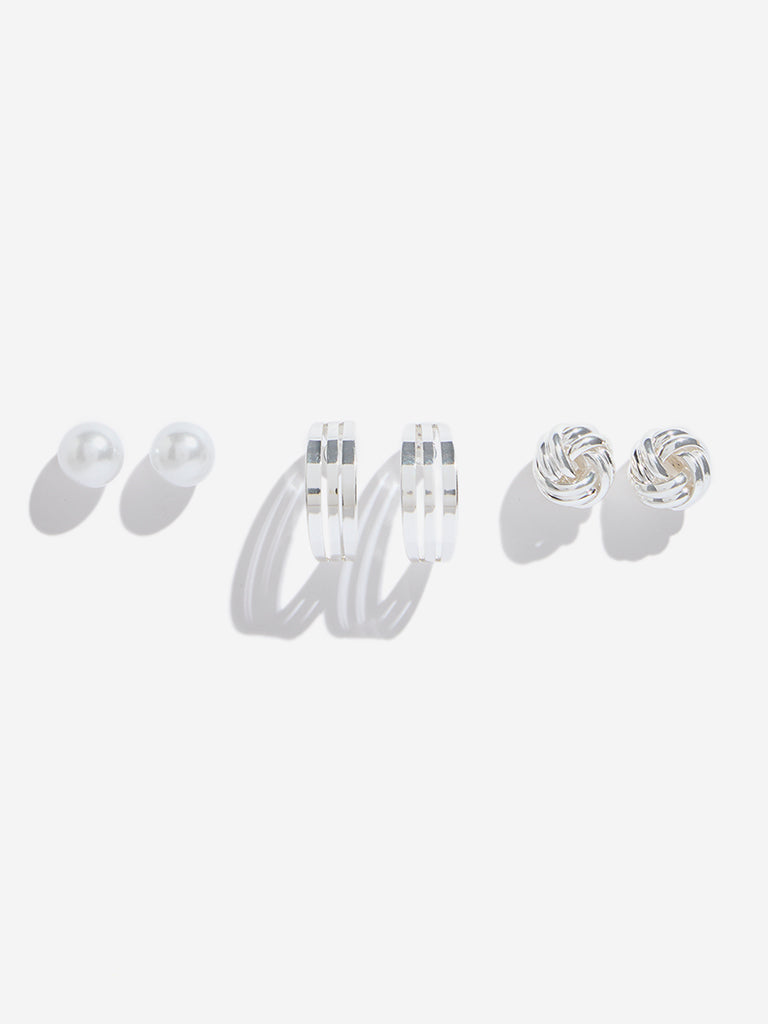 Westside Accessories Silver Pearl Stud and Hoop Earrings - Pack of 3