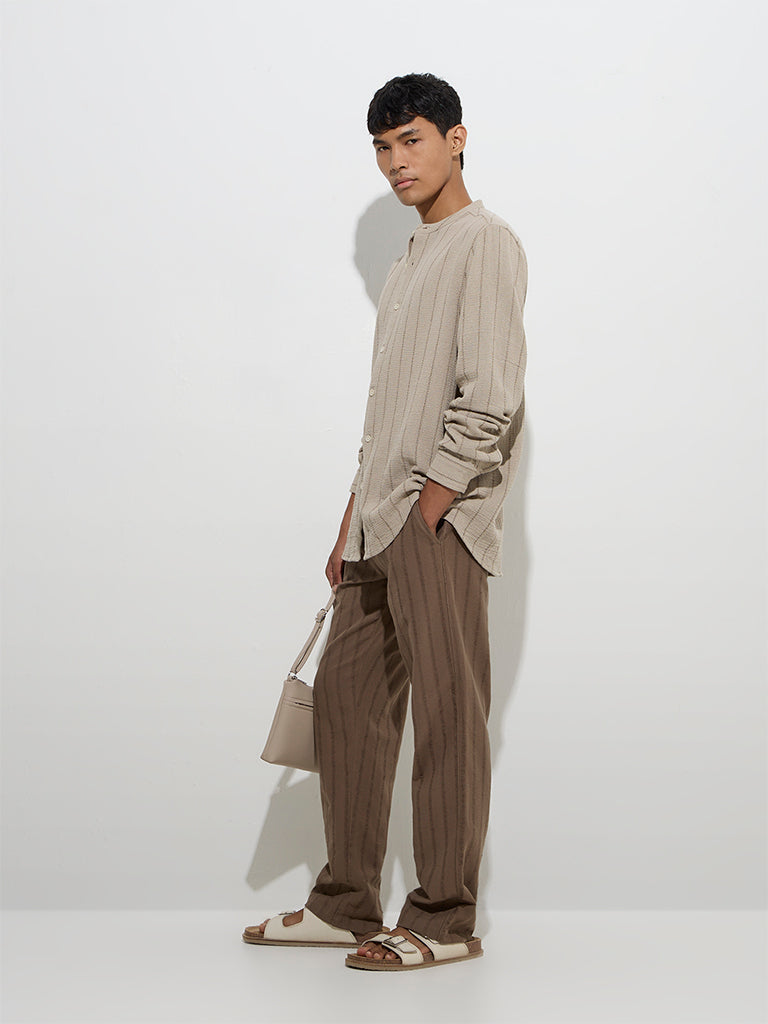 ETA Dark Beige Striped Relaxed-Fit Cotton Shirt