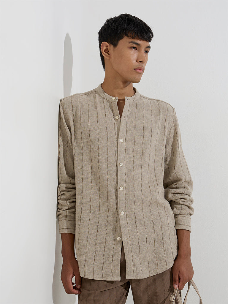 ETA Dark Beige Striped Relaxed-Fit Cotton Shirt