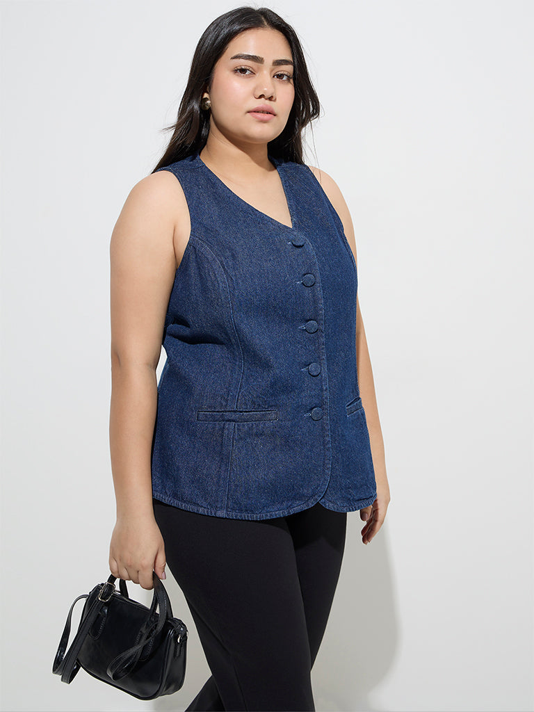 Gia Dark Blue Denim Waistcoat-Style Top