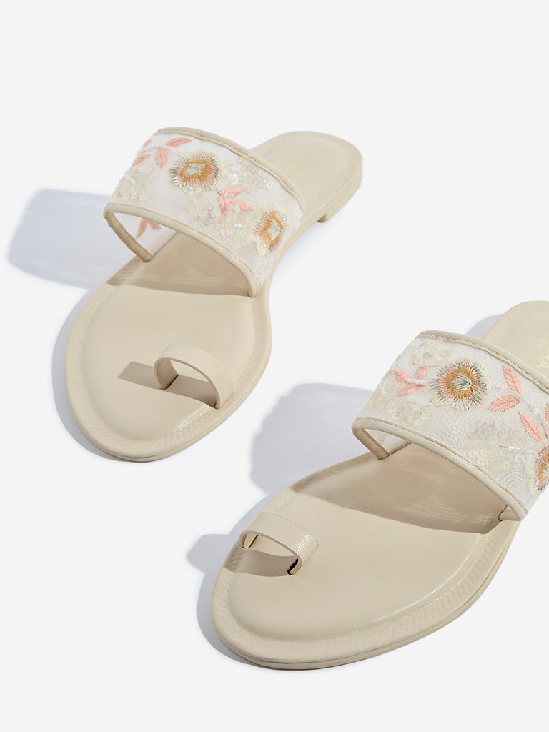 Westside LUNA BLU Women's  Ivory Floral Embroidered Toe-Ring Sandals for Festival Wear Zoomed View