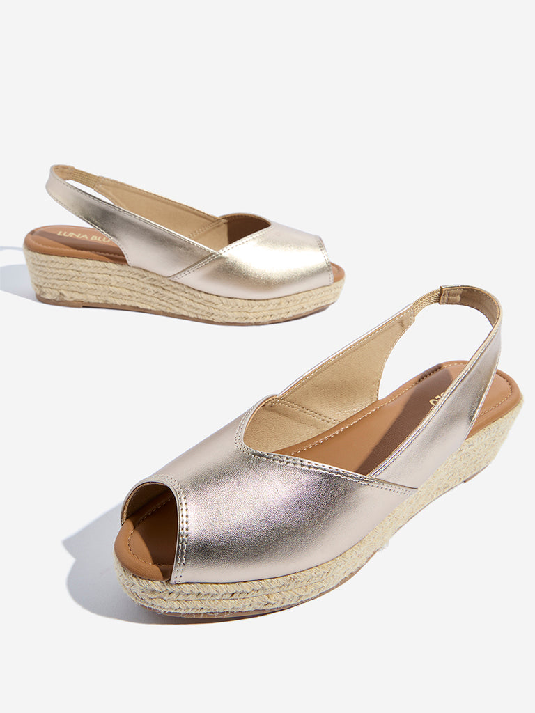 Westside LUNA BLU Women's Gold Peep-Toe Wedge Sandals Zoomed View