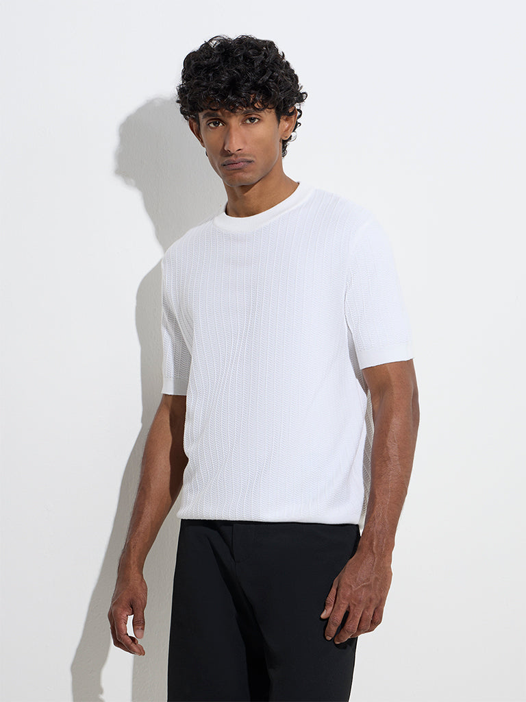 Ascot White Knit-Textured Relaxed-Fit Cotton-Blend T-Shirt