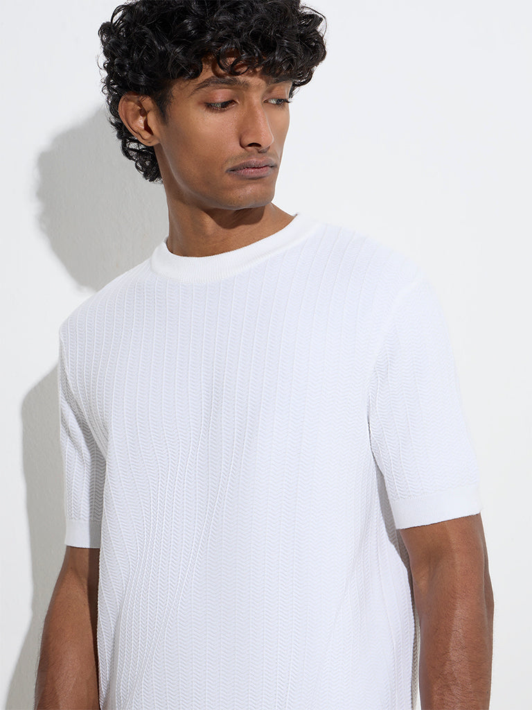 Ascot White Knit-Textured Relaxed-Fit Cotton-Blend T-Shirt