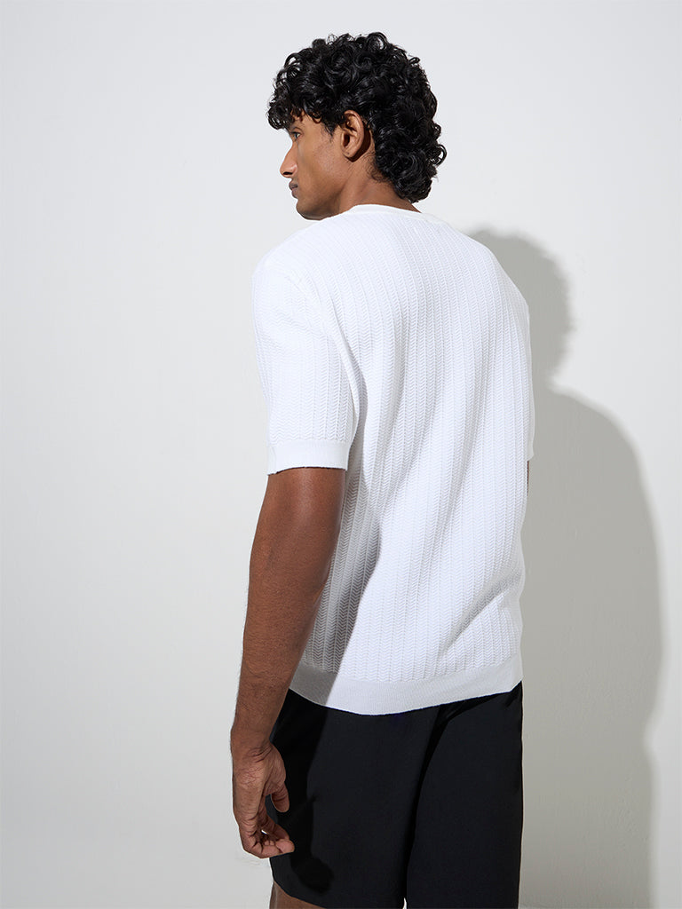 Ascot White Knit-Textured Relaxed-Fit Cotton-Blend T-Shirt