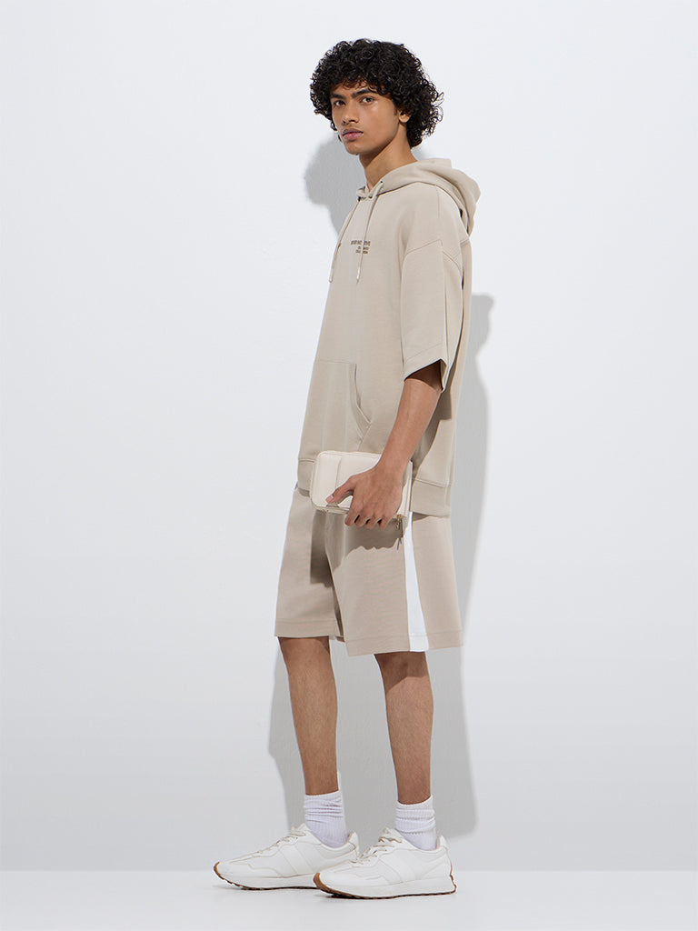 Westside Studiofit Men's Beige Text Print Relaxed-Fit Cotton-Blend Hoodie for Winter Wear Full Model View