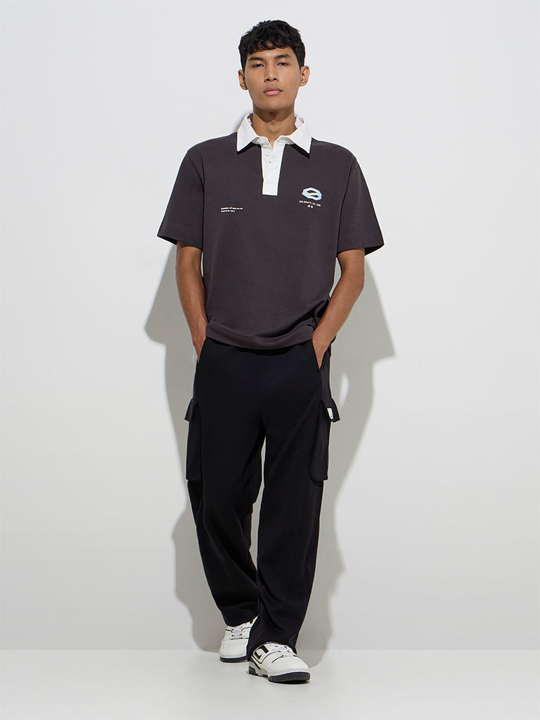 Studiofit Black Solid Relaxed-Fit Cotton-Blend Track Pants
