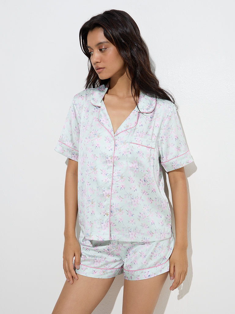 Wunderlove Mint Floral Pattern Shirt with Shorts Set