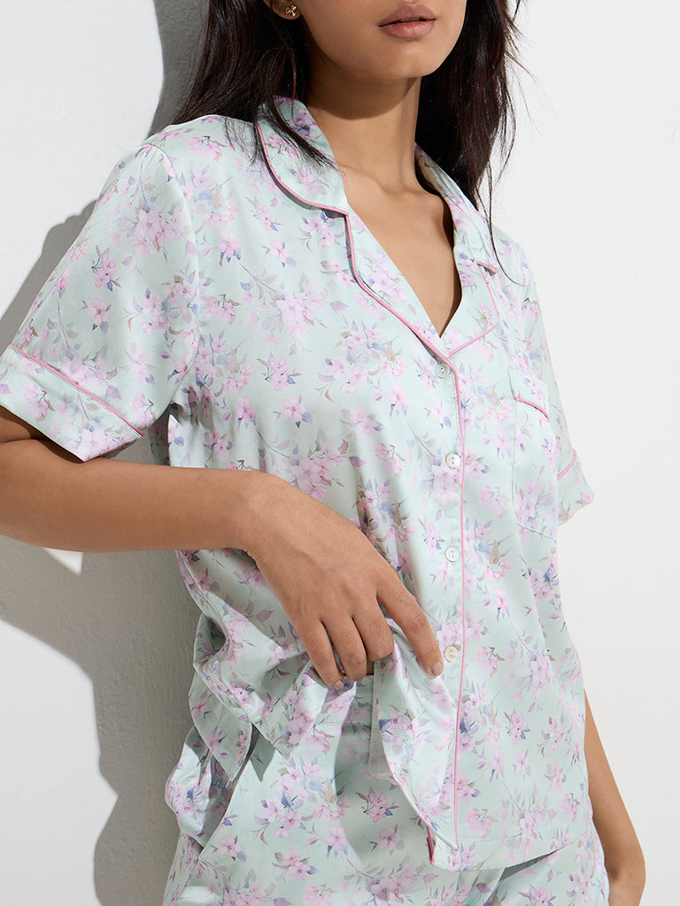 Wunderlove Mint Floral Pattern Shirt with Shorts Set