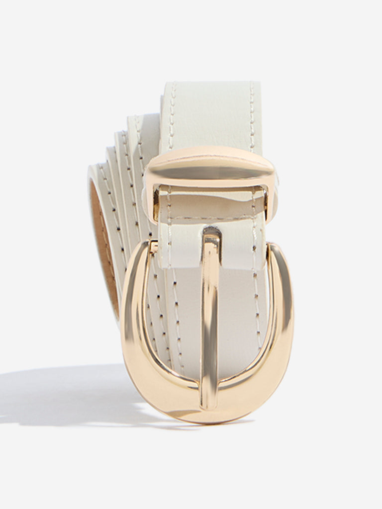 Westside Accessories Beige Gold-Accent Buckled Belt