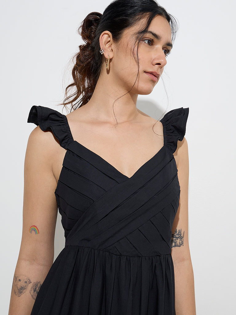 LOV Black Floral Embroidered Cotton A-Line Dress