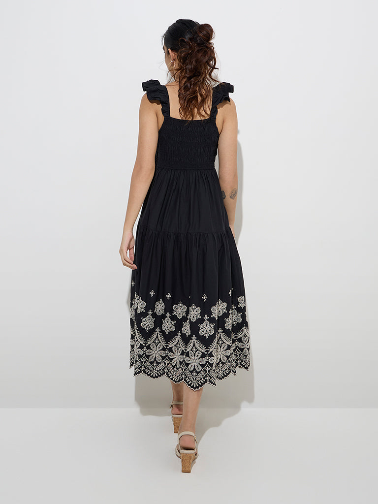 LOV Black Floral Embroidered Cotton A-Line Dress