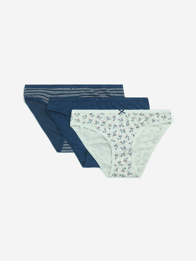 Wunderlove Indigo Cotton-Blend Bikini Briefs - Pack of 3