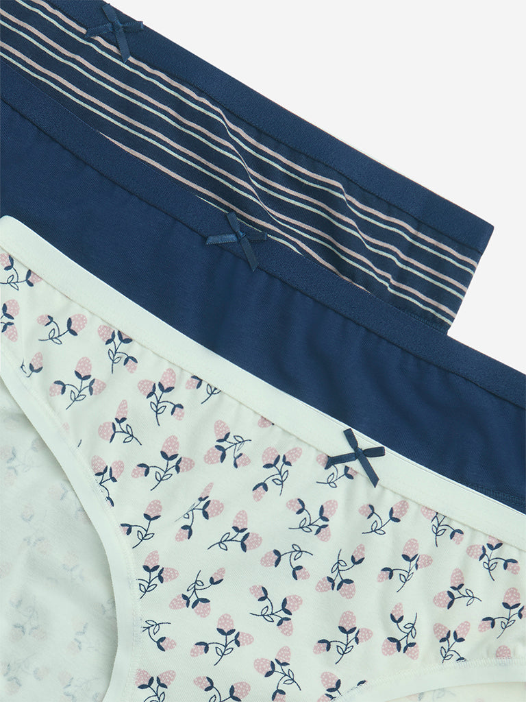 Wunderlove Indigo Cotton-Blend Bikini Briefs - Pack of 3