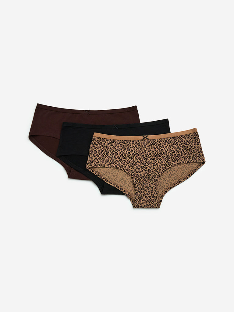 Wunderlove Brown Printed Cotton-Blend Briefs- Pack of 3