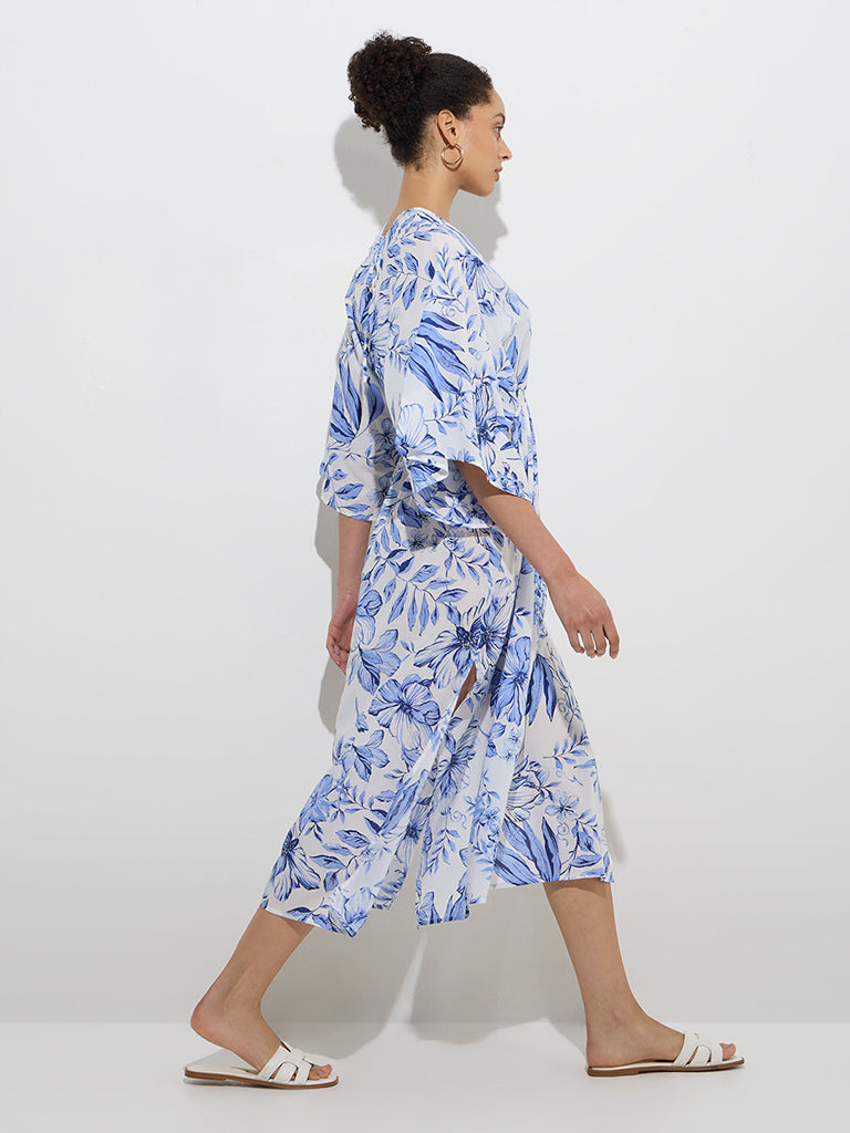 Wunderlove Blue Floral Cotton-Blend Beach Kaftan Dress