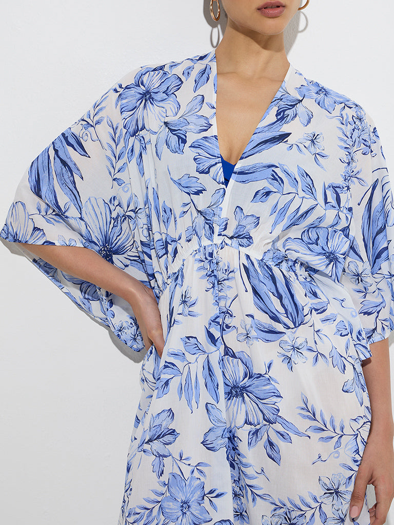 Wunderlove Blue Floral Cotton-Blend Beach Kaftan Dress